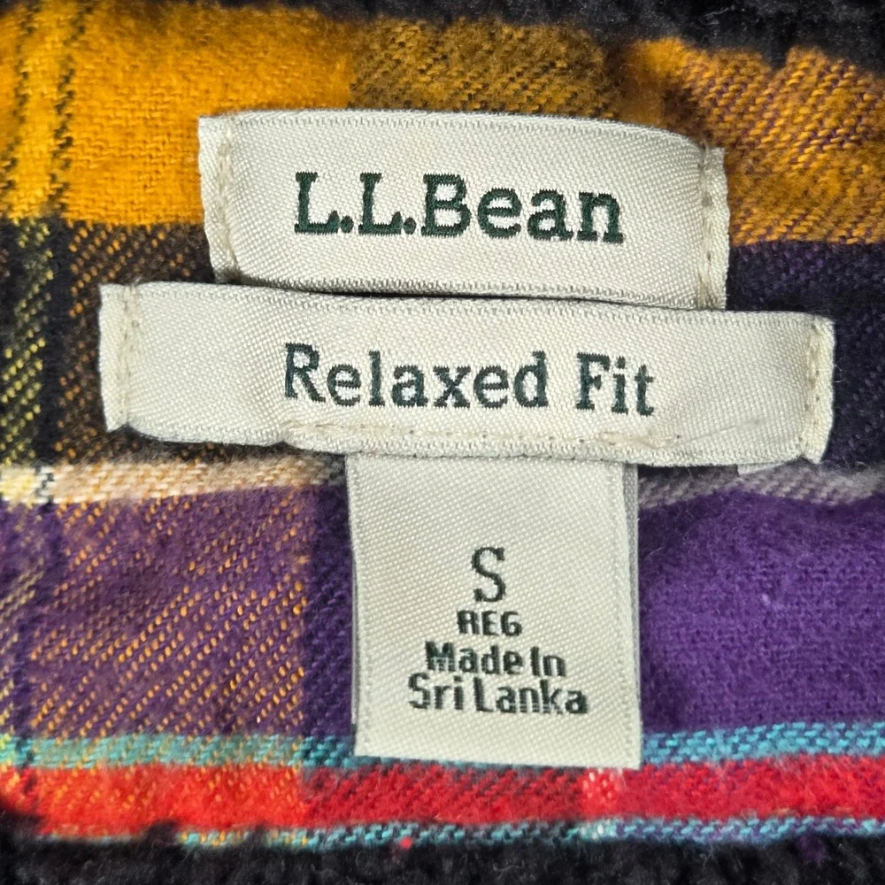 LL Bean Relaxed Fit Sherpa Lined Flannel Hoodie Purple Gold Plaid 505453 Small